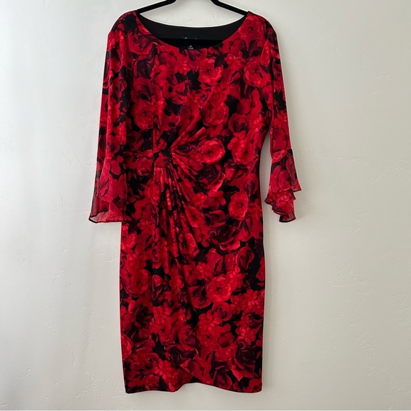 Connected Apparel Faux Wrap Dress Flutter Sleeves Red and Black Floral Size 14P - Picture 1 of 12